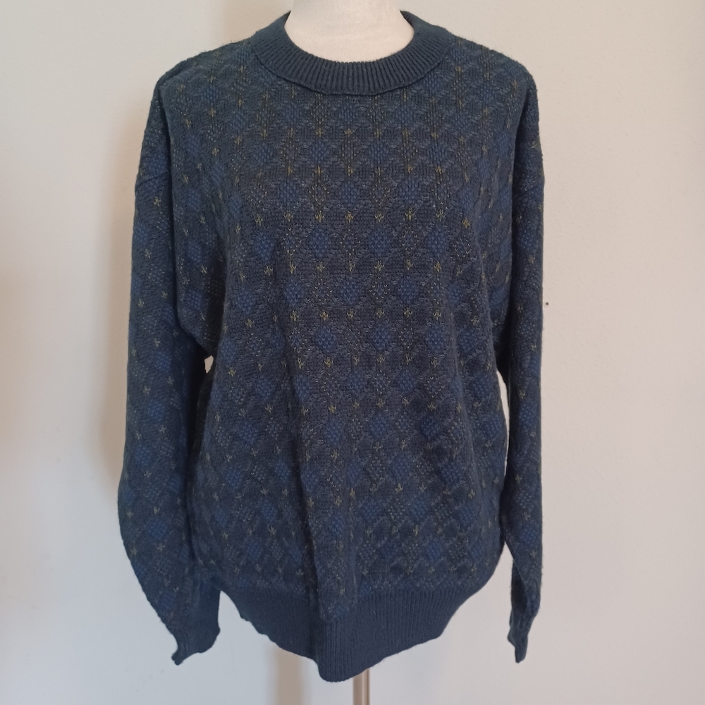 Robert Stock Blue Diamond Cable Knit Sweater Size Large